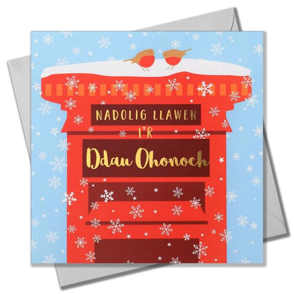 Christmas card 'Nadolig Llawen i'r Ddau Ohonoch' both of you foil - robins & postbox
