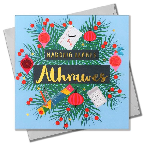 Christmas card 'Nadolig Llawen Athrawes' teacher (female) foil - wreath