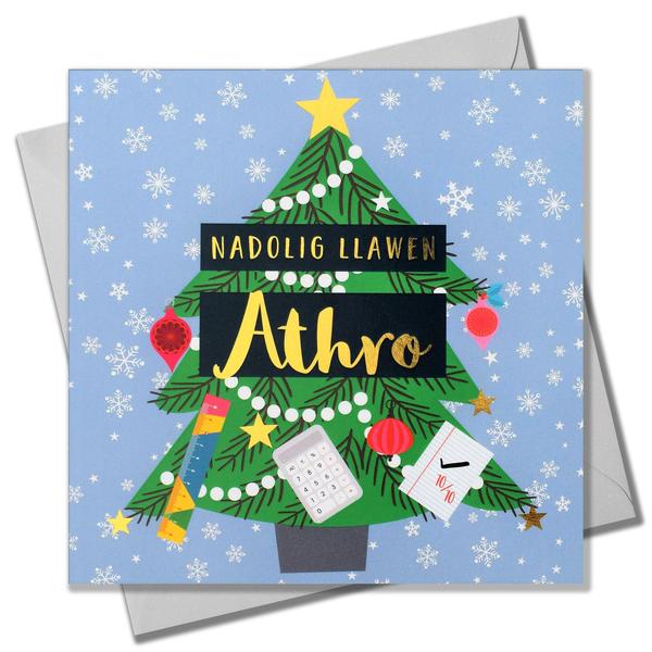 Christmas card 'Nadolig Llawen Athro' teacher (male) foil - Christmas tree