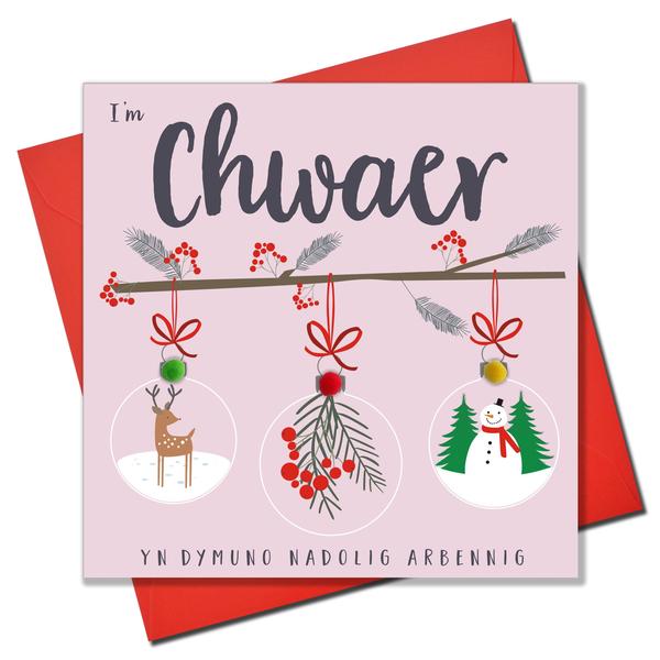 Christmas card 'Nadolig Llawen Chwaer' - Sister - Pompoms