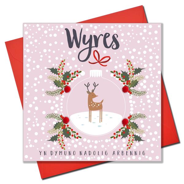 Christmas card 'Nadolig Llawen Wyres' - Granddaughter - Pompoms