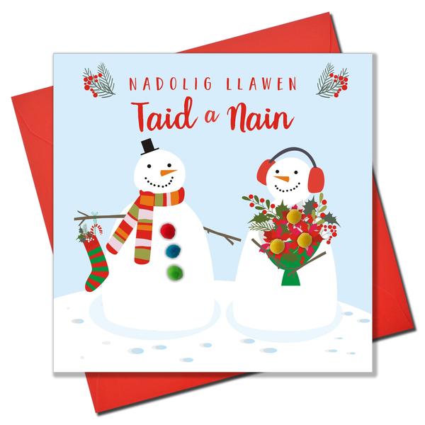 Christmas card 'Nadolig Llawen Nain a Taid' - Gran & Grandad - Pompoms