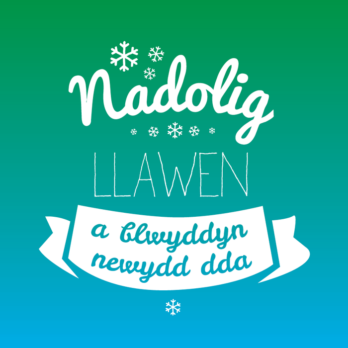 Christmas card 'Nadolig Llawen a Blwyddyn Newydd Dda' green & blue