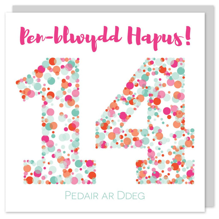 Birthday card 'Pen-blwydd hapus 14' pink