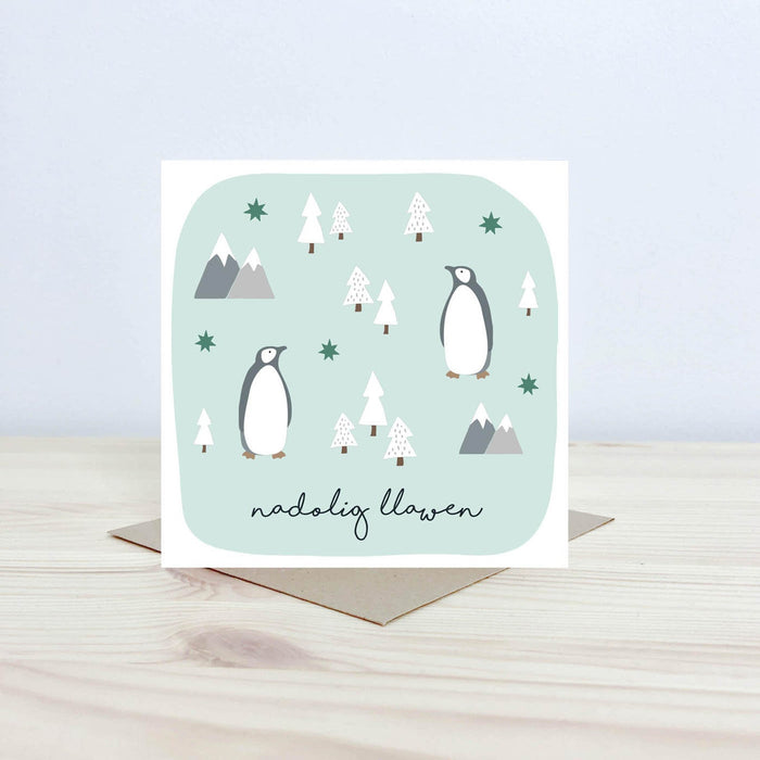 Christmas card 'Nadolig Llawen' penguins