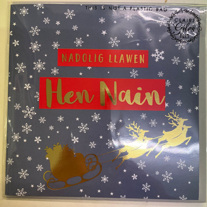 Christmas card 'Nadolig Llawen Hen Nain' great-grandma foil - snowflakes & sleigh