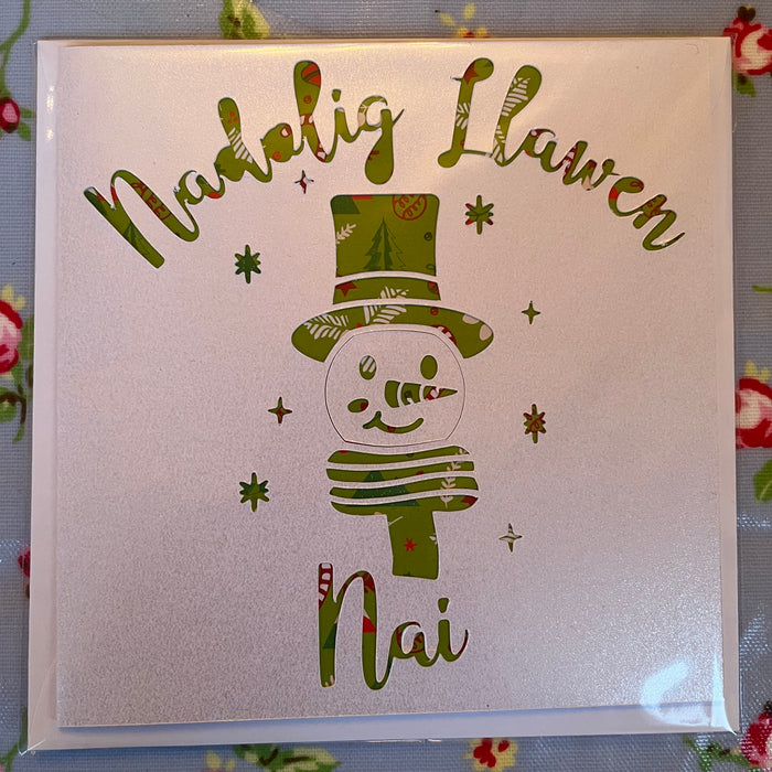 Christmas card 'Nadolig Llawen Nai' handmade papercut - nephew