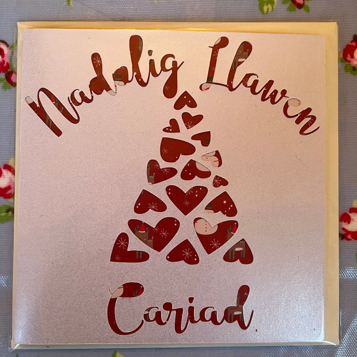 Christmas card 'Nadolig Llawen Cariad' handmade papercut - one I love
