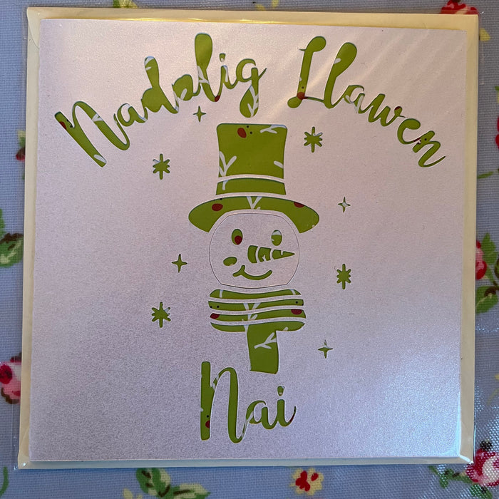 Christmas card 'Nadolig Llawen Nai' handmade papercut - nephew