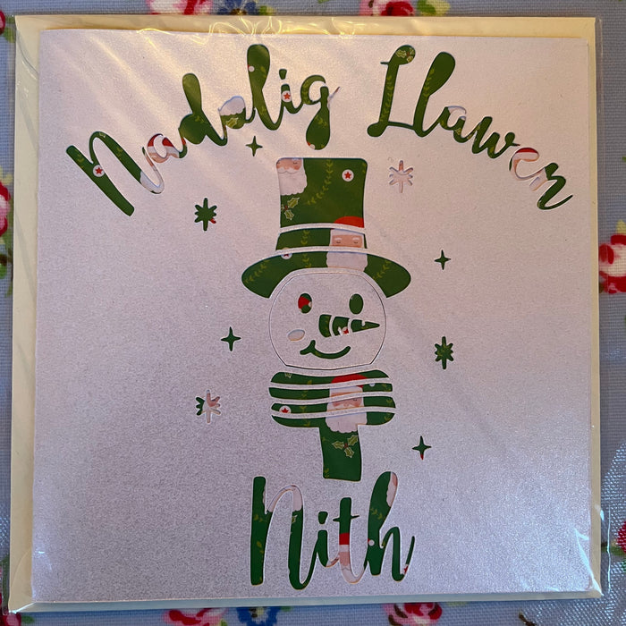 Christmas card 'Nadolig Llawen Nith' handmade papercut - niece
