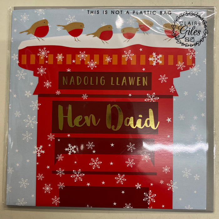 Christmas card 'Nadolig Llawen Hen Daid' great grandad foil - robins