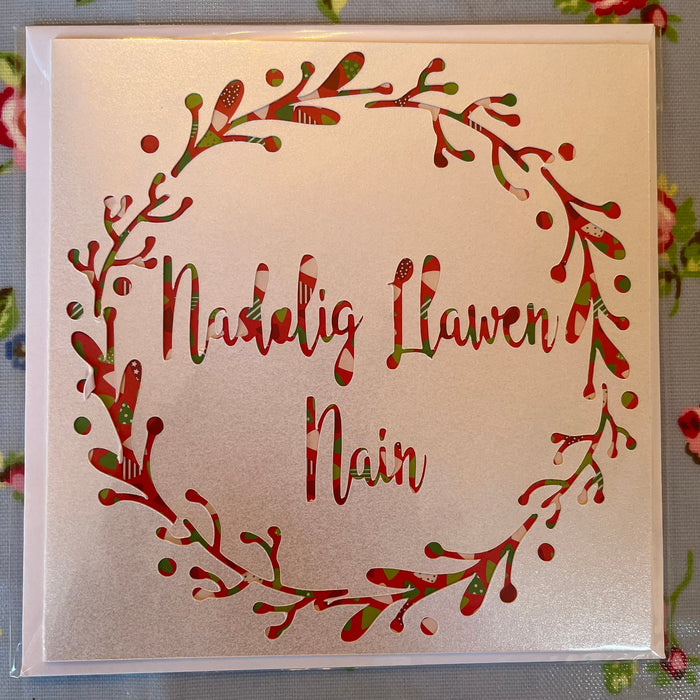 Christmas card 'Nadolig Llawen Nain' handmade papercut - gran