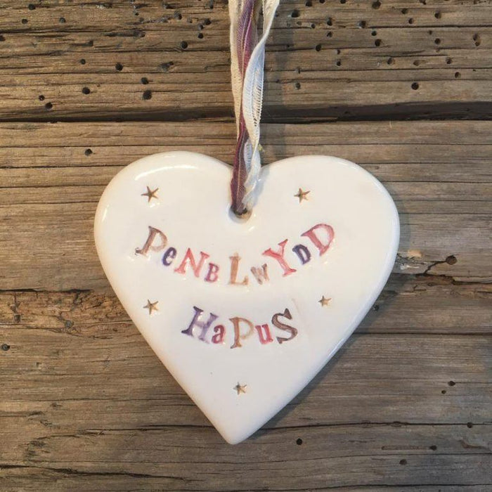 Hand-made Ceramic Heart - Penblwydd Hapus