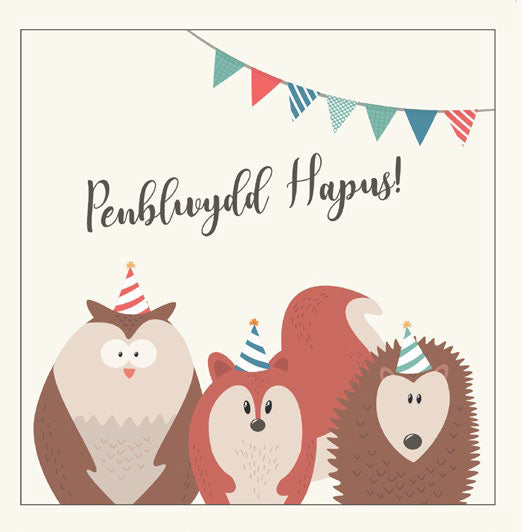 Birthday card 'Penblwydd Hapus' - Woodland Animals & Bunting
