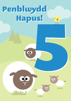 Birthday card 'Penblwydd Hapus 5' sheep