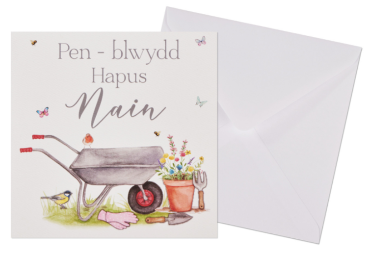 Birthday card 'Pen-blwydd Hapus Nain' wheelbarrow