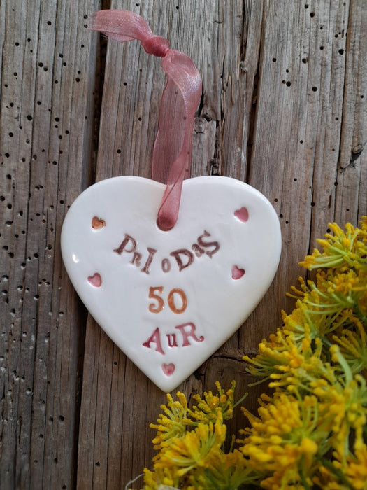 Hand-made Ceramic Heart - Priodas 50 Aur