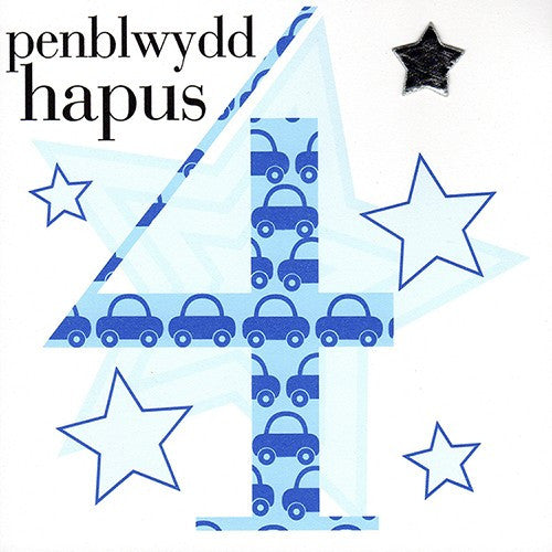 Birthday card 'Penblwydd Hapus 4' blue