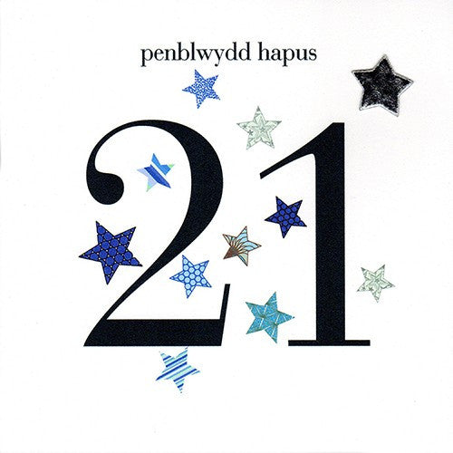 Birthday card 'Penblwydd Hapus 21' blue