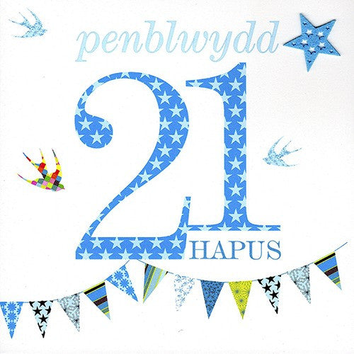 Birthday card 'Penblwydd Hapus 21' blue