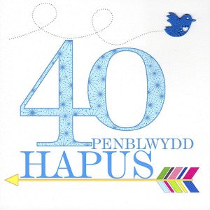 Birthday card 'Penblwydd Hapus 40' blue