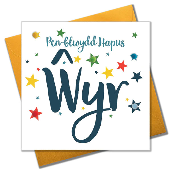 Welsh Birthday card 'Penblwydd Hapus Ŵyr' Grandson Pompoms